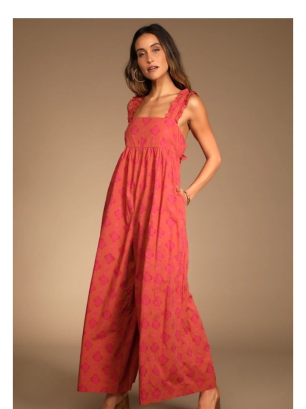 Free People Coral-Pink Printed Wide-Leg Romper with Ruffle Straps